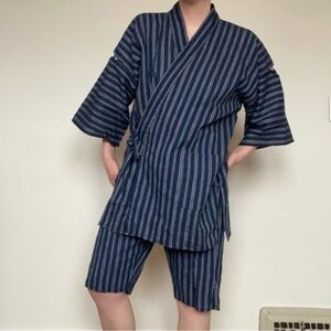 Japanese 2 piece Striped Navy Indigo Summer Kimono Set